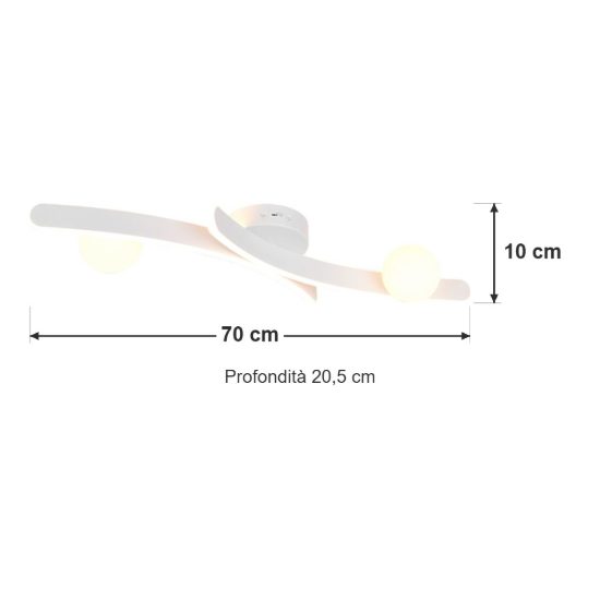 Plafoniera led 27w cct 2300k 3000k 4000k per soggiorno bianca con 2 bracci curvi 2 sfere in vetro