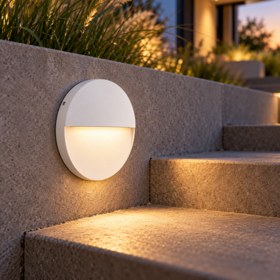 Segnapasso da esterno led 6w 3000k ip54 16cm tonda bianco sabbiato