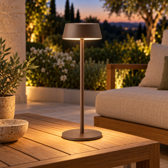 Lampada da tavolino da esterno corten led 2w 3000k ip54 ricaricabile dimmerabile