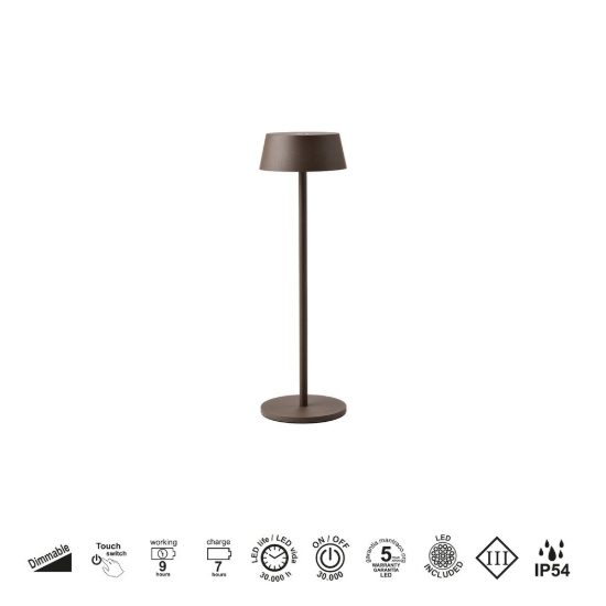 Lampada da tavolino da esterno corten led 2w 3000k ip54 ricaricabile dimmerabile