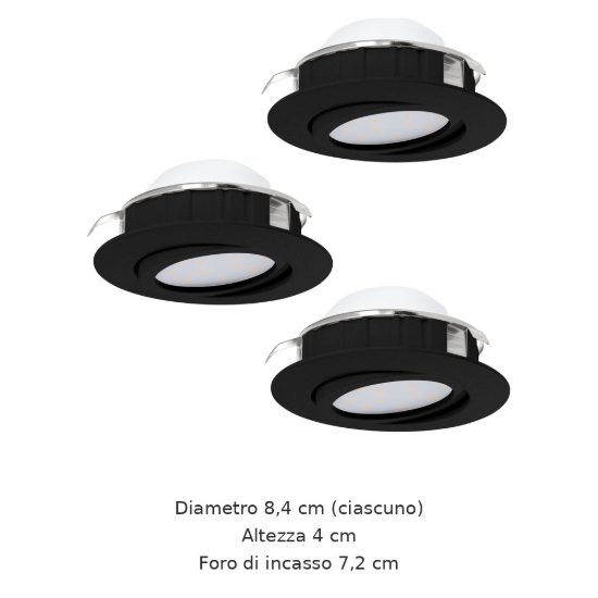 Eglo pineda set 3 faretti da incasso per cartongesso orientabili led 3x5,5w 3000k foro 7,2cm nero