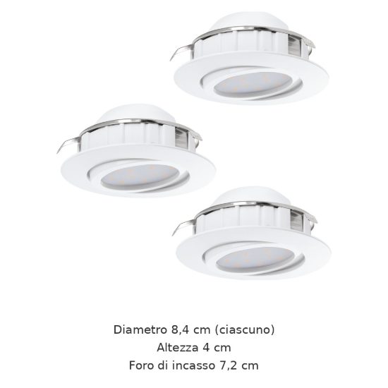 Eglo pineda set 3 faretti da incasso per cartongesso orientabili led 3x4,9w 3000k foro 7,2cm bianco