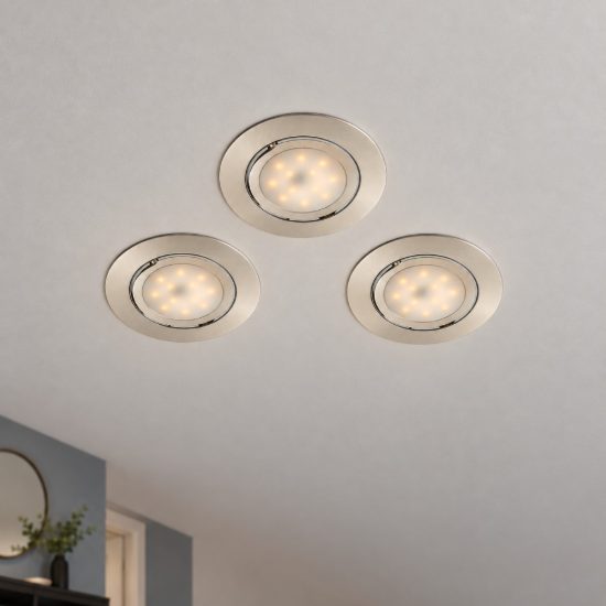 Eglo pineda set 3 faretti da incasso per cartongesso orientabili led 3x4,9w 3000k foro 7,2cm nichel opaco