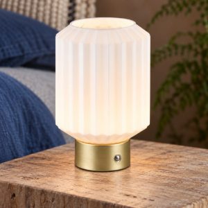 Abat-jour ricaricabile led 1,5w 3000k per comodino ottone satinato con vetro rigato bianco