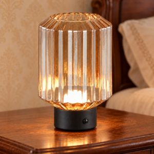 Abat-jour ricaricabile led 1,5w 3000k per comodino nero con vetro rigato ambra