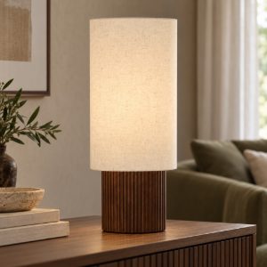 Lampada da tavolo ovale per soggiorno moderna bianco effetto legno scuro