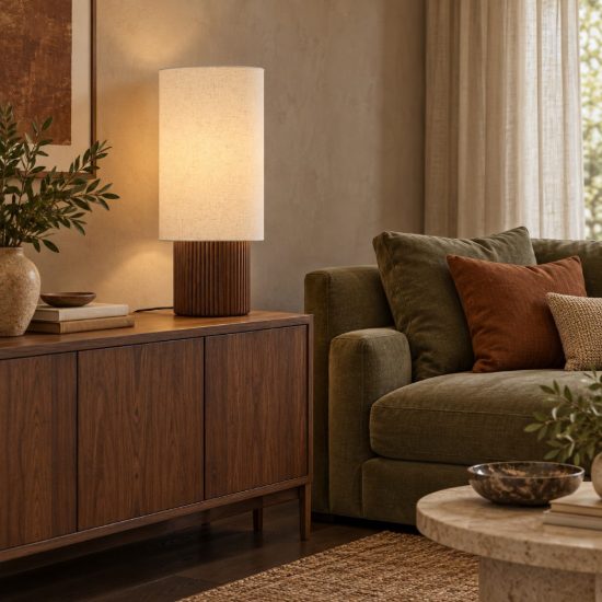 Lampada da tavolo ovale per soggiorno moderna bianco effetto legno scuro