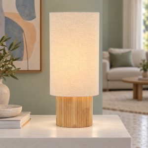 Lampada da tavolo ovale per soggiorno moderna bianco effetto legno chiaro