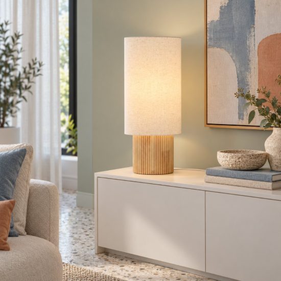 Lampada da tavolo ovale per soggiorno moderna bianco effetto legno chiaro
