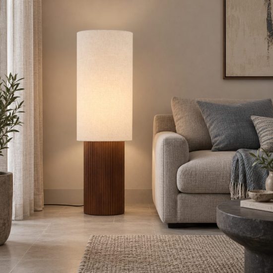 Piantana ovale per soggiorno moderna bianco effetto legno scuro