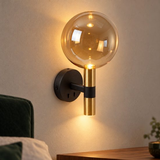 Applique per comodino camera da letto a globo contemporanea nero ambra con interruttore e porta usb