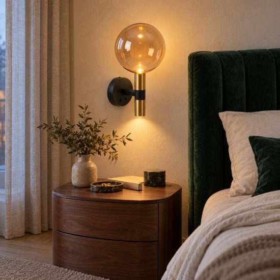 Applique per comodino camera da letto a globo contemporanea nero ambra con interruttore e porta usb