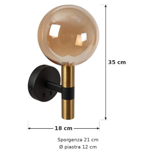 Applique per comodino camera da letto a globo contemporanea nero ambra con interruttore e porta usb