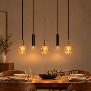 Lampadario a sospensione con 5 pendenti lineare per sala da pranzo contemporaneo nero ambra