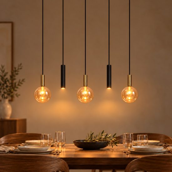 Lampadario a sospensione con 5 pendenti lineare per sala da pranzo contemporaneo nero ambra