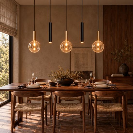 Lampadario a sospensione con 5 pendenti lineare per sala da pranzo contemporaneo nero ambra