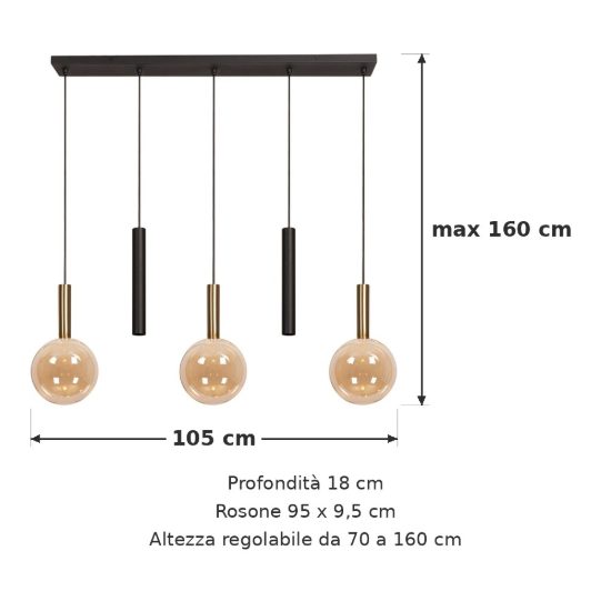 Lampadario a sospensione con 5 pendenti lineare per sala da pranzo contemporaneo nero ambra