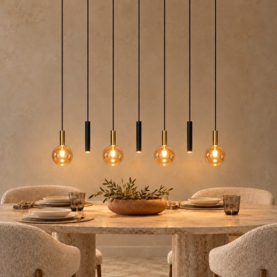Lampadario a sospensione con 7 pendenti lineare per sala da pranzo contemporaneo nero ambra