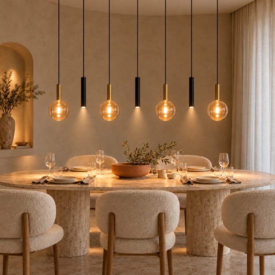 Lampadario a sospensione con 7 pendenti lineare per sala da pranzo contemporaneo nero ambra