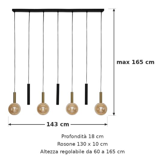 Lampadario a sospensione con 7 pendenti lineare per sala da pranzo contemporaneo nero ambra