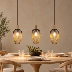 Lampadario a sospensione con 3 pendenti lineare per sala da pranzo contemporaneo oro nero