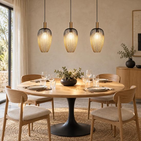 Lampadario a sospensione con 3 pendenti lineare per sala da pranzo contemporaneo oro nero