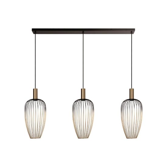 Lampadario a sospensione con 3 pendenti lineare per sala da pranzo contemporaneo oro nero