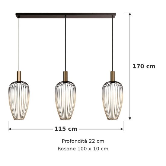 Lampadario a sospensione con 3 pendenti lineare per sala da pranzo contemporaneo oro nero