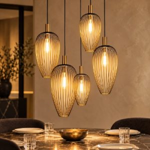 Lampadario a sospensione con 5 pendenti a grappolo per sala da pranzo contemporaneo oro nero