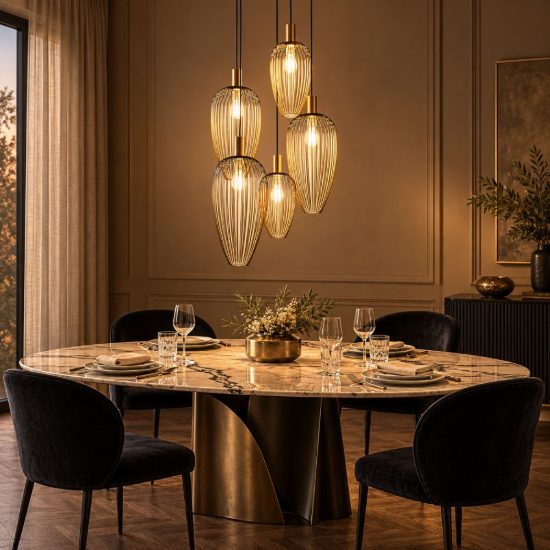 Lampadario a sospensione con 5 pendenti a grappolo per sala da pranzo contemporaneo oro nero