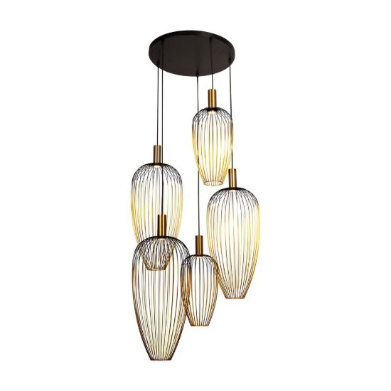 Lampadario a sospensione con 5 pendenti a grappolo per sala da pranzo contemporaneo oro nero