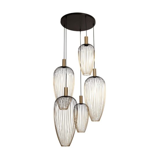 Lampadario a sospensione con 5 pendenti a grappolo per sala da pranzo contemporaneo oro nero