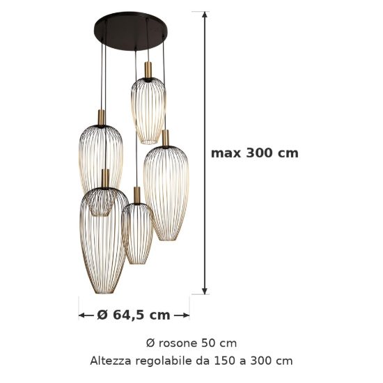 Lampadario a sospensione con 5 pendenti a grappolo per sala da pranzo contemporaneo oro nero