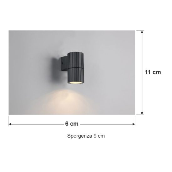 Applique da esterno ip44 moderna cilindrica antracite in alluminio pressofuso rigato