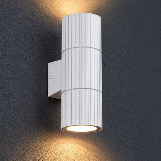 Applique da esterno ip44 bi-emissione moderna cilindrica bianca in alluminio pressofuso rigato