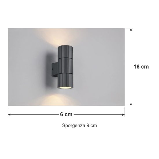 Applique da esterno ip44 bi-emissione moderna cilindrica antracite in alluminio pressofuso rigato
