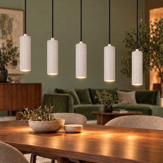 Lampadario 5 luci per soggiorno lineare grigio caldo con diffusori cilindrici rigati