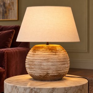 Lampada da tavolo con base in ceramica rigata per soggiorno contemporanea marrone bianco