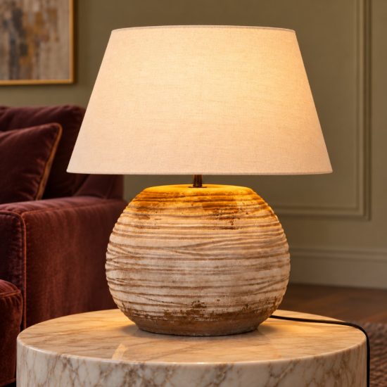 Lampada da tavolo con base in ceramica rigata per soggiorno contemporanea marrone bianco