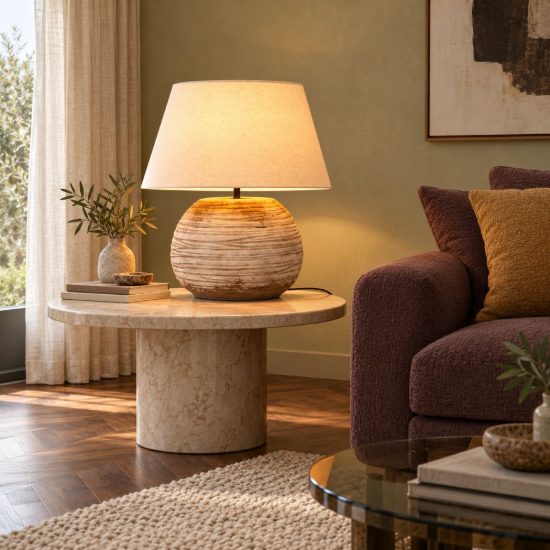 Lampada da tavolo con base in ceramica rigata per soggiorno contemporanea marrone bianco