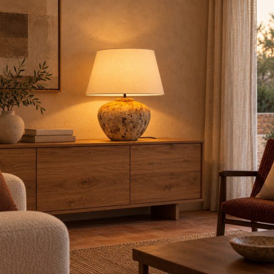 Lampada da tavolo con base in ceramica effetto pietra per soggiorno contemporanea marrone bianco