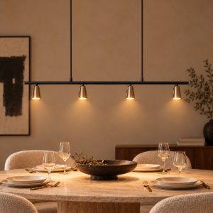 Lampadario a barra lineare con 4 faretti per sala da pranzo contemporaneo champagne nero