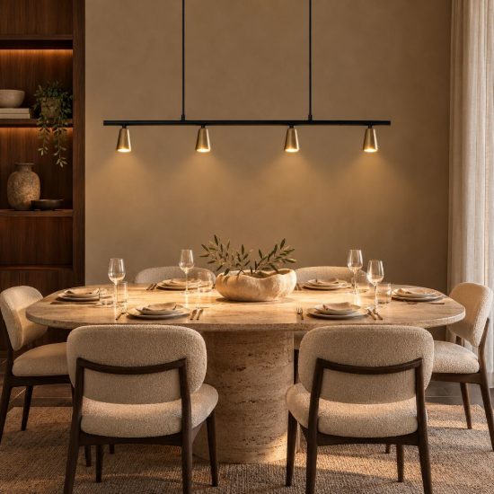 Lampadario a barra lineare con 4 faretti per sala da pranzo contemporaneo champagne nero