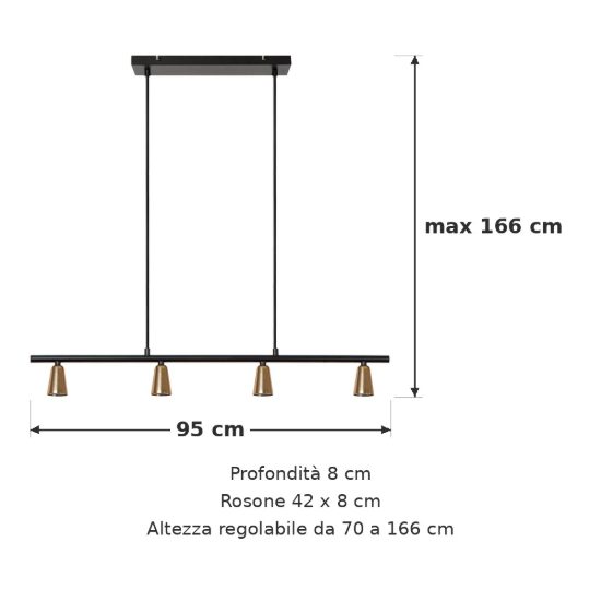 Lampadario a barra lineare con 4 faretti per sala da pranzo contemporaneo champagne nero
