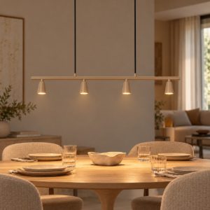 Lampadario a barra lineare con 4 faretti per salotto moderno tortora