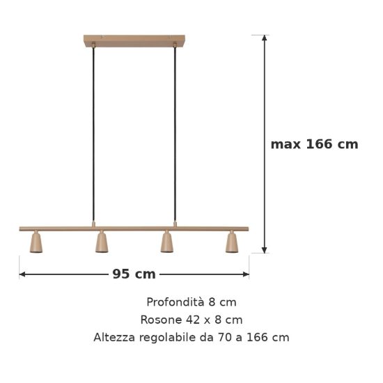 Lampadario a barra lineare con 4 faretti per salotto moderno tortora