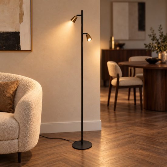 Piantana con 2 faretti orientabili per sala da pranzo contemporanea champagne nero