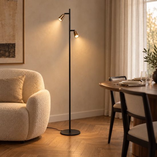 Piantana con 2 faretti orientabili per sala da pranzo contemporanea champagne nero