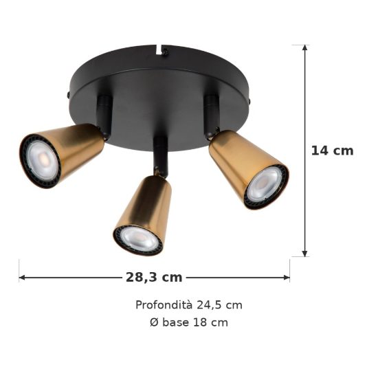 Plafoniera con 3 faretti orientabili contemporanea rotonda champagne nero