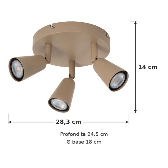 Plafoniera con 3 faretti orientabili moderna rotonda tortora